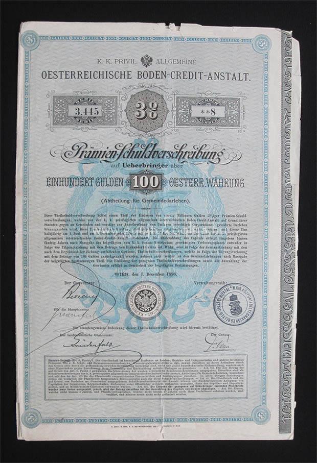 Osztrák Földhitel Intézet kötvény 100 gulden 1880 - Bécs